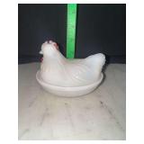 Small milk glass hen on nest with red comb some missing paint