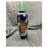 Cobalt Blue Ceramic Vase with Pheasant and Floral Motif