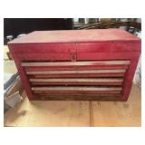 Red Metal Chest with Assorted Hand Tools and Supplies