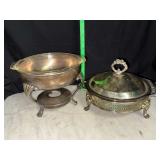 Silver plate chafing dish and stand with glass insert