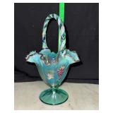 Fenton Teal iridized plum crest hand painted grape pattern art glass basket