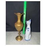 Andrea by Sadek blue and white porcelain cat and etched brass vase