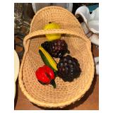 Gathering basket with blown glass fruits and vegetables