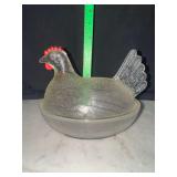 Vintage Indian glass clear hen on nest with red hand pained comb