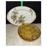 1950s Roselyn dogwood platter with amber glass bowl