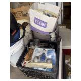 Assorted Tools, Safety Equipment, and Supplies in Buckets and Crates