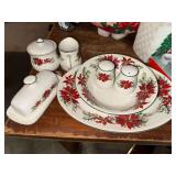Totally today poinsettia Christmas serving pieces platter, bowl, cream/sugar, shakers, butter dish