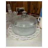 Milk glass open lace cake plate with glass dome