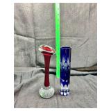 Art Glass Ruby Red Bud Vase and Blue Cut-to-Clear Crystal Vase