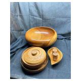 Turned Wooden Bowl, Covered Dish, and Salt & Pepper Shakers Set