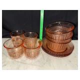 Pink ribbed glass saucers, bowls and cups 12pcs