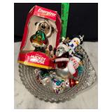 4 bowls glass christmas ornaments and 2 snowman ornament balls