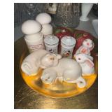 5 sets of vintage salt and pepper shakers- cat nap, bunny mates, country kitchen, apples and Mickey Mouse