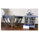 Pair of metal hanging plant baskets and lantern