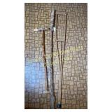 Carved fish waking stick, knotted stick and