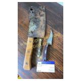 Meat cleaver, shcrade knife and pocket knife