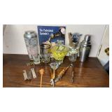 Vintage shakers, bar tools, bottle openers, olive