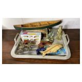 Tray with Avon bottles and fishing knickknacks
