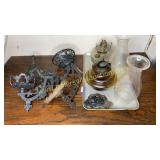 Cast iron lamp brackets and oils lamps, chimneys