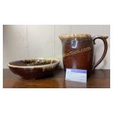Brown drip pottery pitcher and large bowl