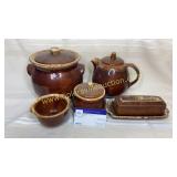 Hull brown drip pottery bean pot, tea pot, cream