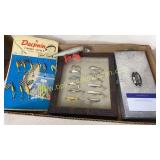 Box of vintage fishing tackle and metal box