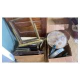 2 boxes of frames, mirrored tray and misc
