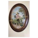 Antique boy fishing print in convex frame