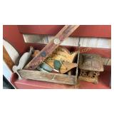 Group of woodwork, level and cast iron lantern