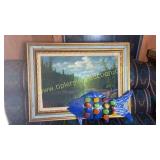 Metal art fish and painting on board