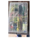 Clear box of spinner baits and miscellaneous