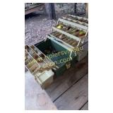 Vintage green and tan tackle box with lures