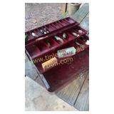 Vintage burgundy tackle box and lures