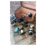 Box of vintage reels Penn, southbend, JC Higgins