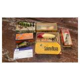 5 vintage fishing lures in boxes- fish cake,