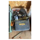 Plastic box of miscellaneous tools and shop items