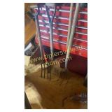 Group of pitch fork, coal shovel and gig