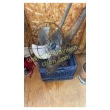 Crate with old fan, wood plane and miscellaneous