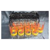 9 vintage juice glasses and metal basket