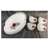 Vintage painted milk glass snack set for 4