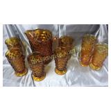 Amber water set with 5 glasses plus 3 mismatched