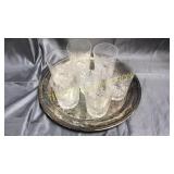 7 cut glass tumblers on Silverplate tray