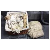 Basket of hand done doilies and tablecloth