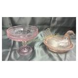 Pink depression hen on nest and candy dish