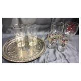Vintage bar glasses and goblets on tray