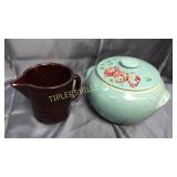 Pottery cookie jar and small pitcher