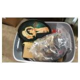 Tote of coke tray, fur, dishes etc