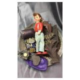 Group of vintage toys, jewelry, wood pieces