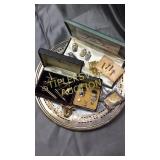 Old tie pins, cuff links and pins, charms