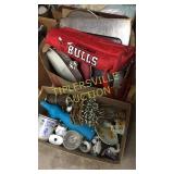 2 boxes- bake ware, bulls cooler, decor
